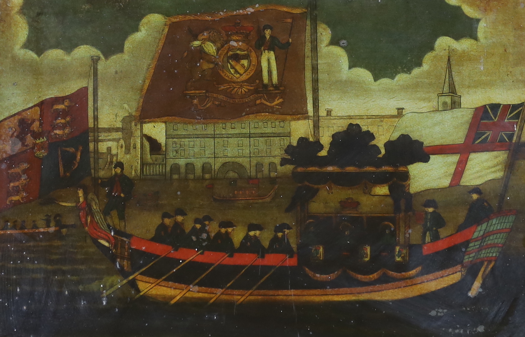 A 19th century commemorative reverse glass print, Lord Nelson's funeral barge from Greenwich to Whitehall, 26 x 36cm